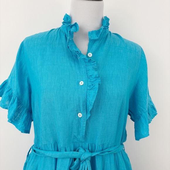 Mille Violetta Ruffle Tie Waist Mini Dress Size M Aqua Linen Tiered Short Sleeve - Picture 4 of 10